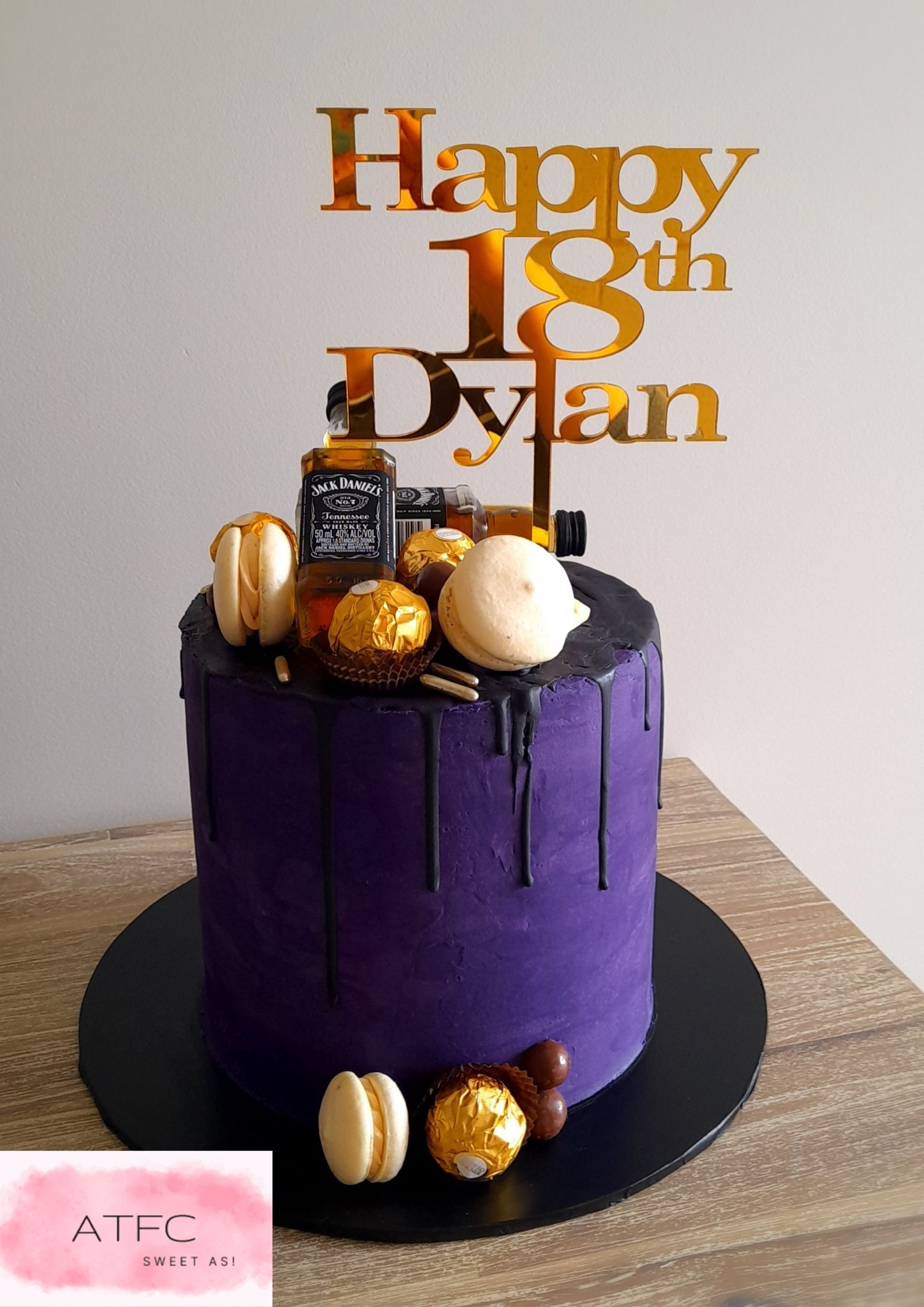 18th Birthday Male Purple Black Drip Tall Cake Mini Jack Daniels Ferrero Roche Macrons Gold