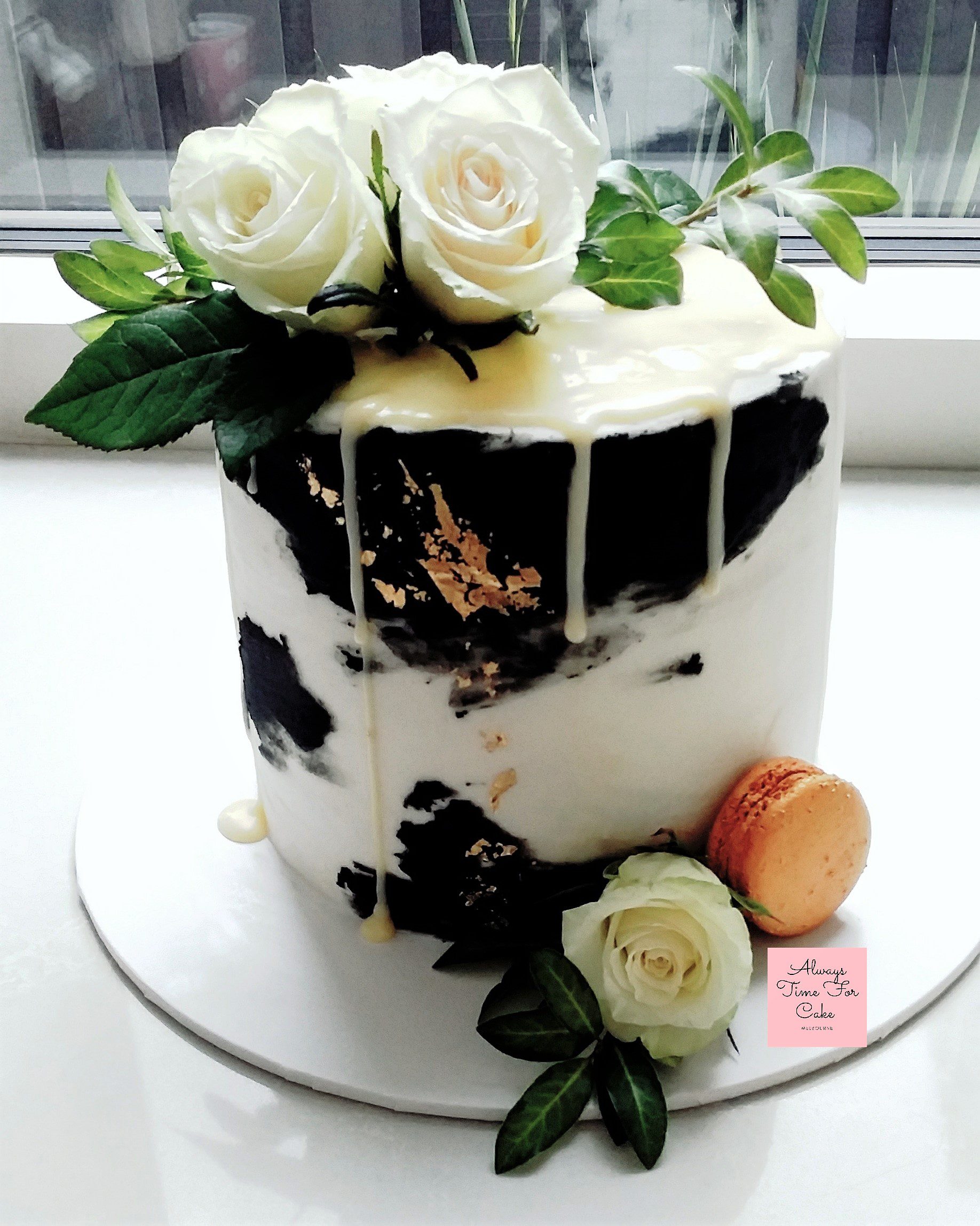 Red Velvet Cake Black White Gold Leaf Drip Birthday Cake White Roses Macarons