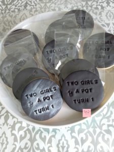 !st Birthday Business Cookies Embossed Black Silver Two Girls & A Pot Round Corporate