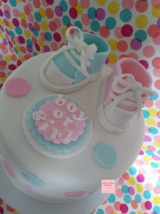 Gender Reveal Cake Pink Blue Baby Shoes Fondant Polka Dots Girl or Boy White