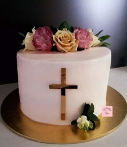 Buttercream pink Christening Cake Gold cross Fresh Roses Baptism Chocolate Raspberry Girl