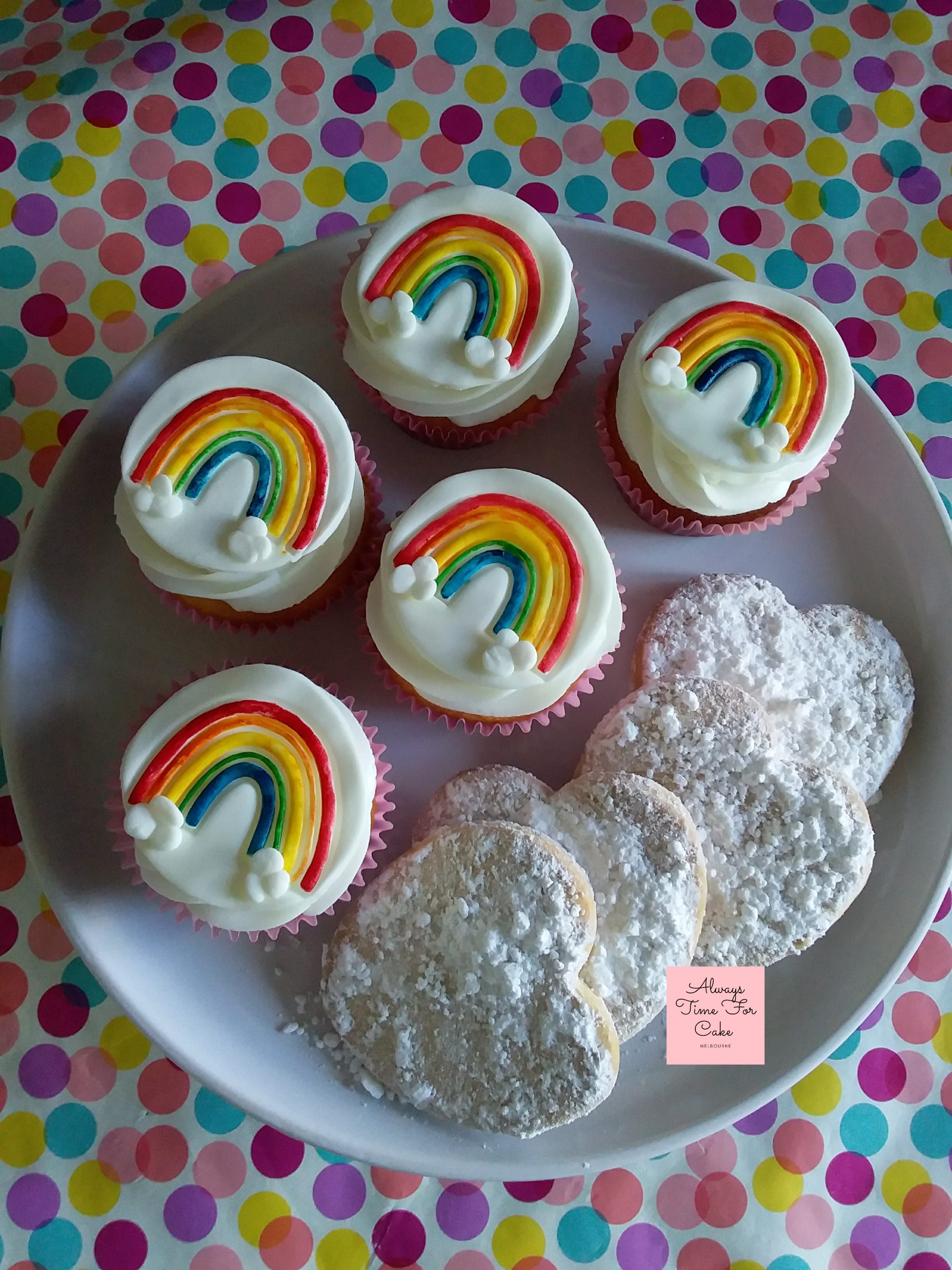 Rainbow Topped Birthday Cupcakes Guribi (Macedonian Shortbread coverered in Icing)