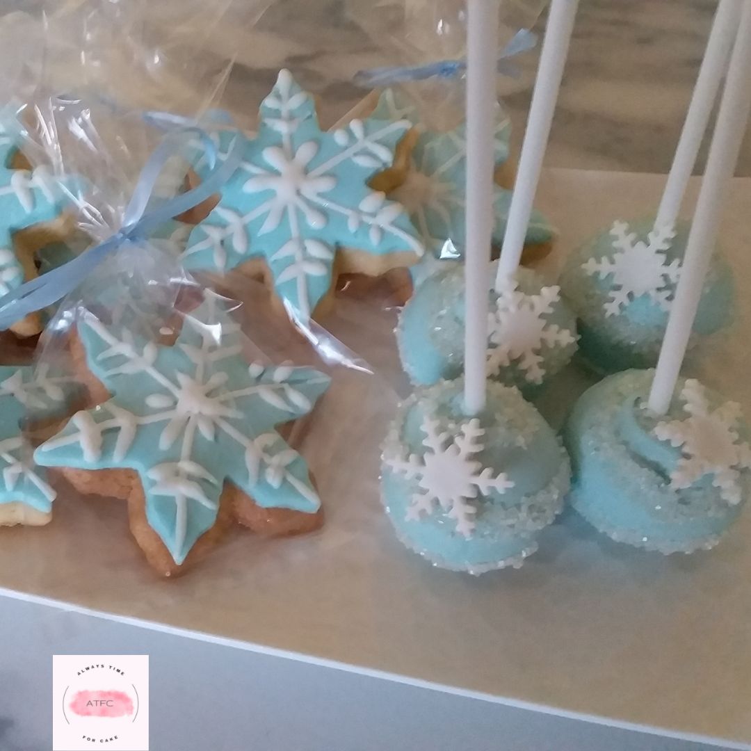 Frozen Cake Pops Cookies Themed Icy Blue White Snowflakes Shaped