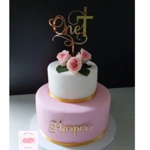Christening 1st Birthday Cake 2 tier fondant pink white gold fresh flowers rose girls celebration cake