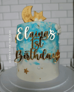 1st Birthday Over The Moon and Back Blue Gold White Theme Birthday Cake Toddler