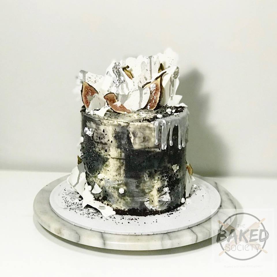 Black and white silver drip shard cake dehydrated figs