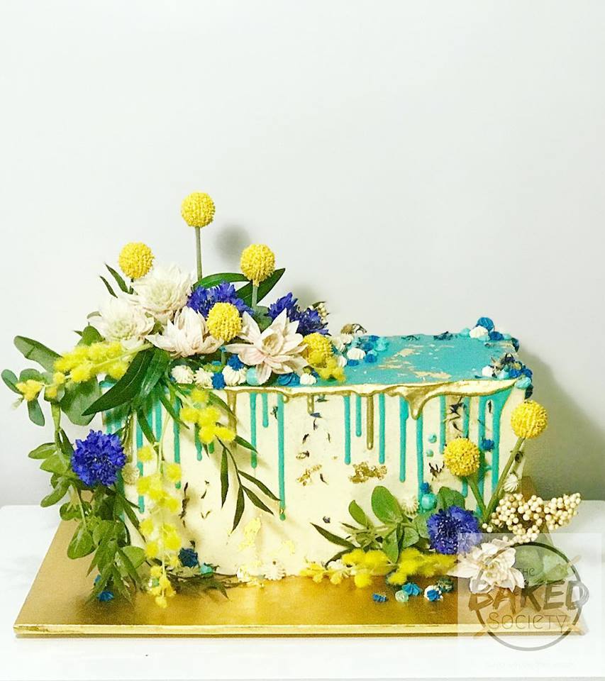 australian native flower rectangle tall cake blue white gold