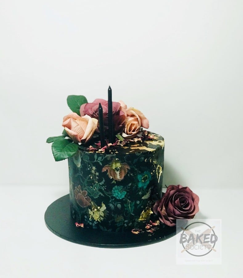 edible image floral dark cake callebaut