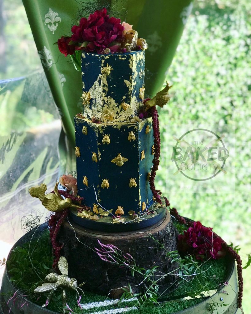wedding cake navy blue gold leaf bee amaranth bird