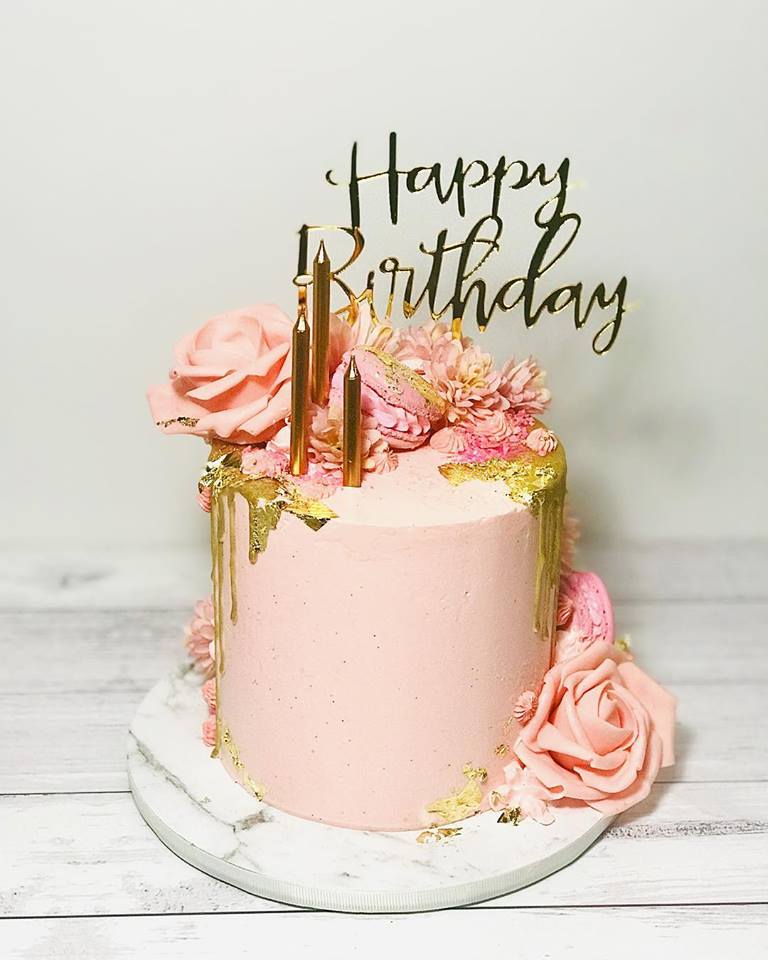 pink gold birthday cake drip flowers